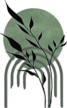 an abstract painting of green leaves on a white and black background with the sun in the distance