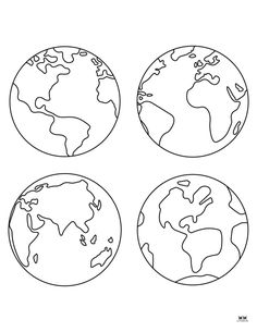 four earth globes with different shapes and sizes, all outlined in black on a white background