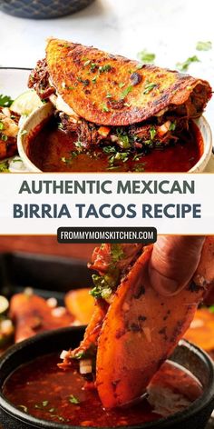 authentic mexican burrito tacos recipe in a black bowl with the title above it