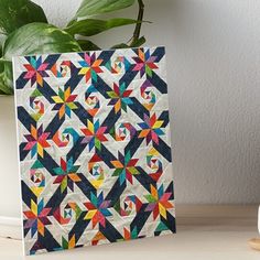 a colorful quilt is displayed on a table next to a potted plant art board print