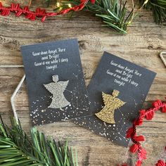 two christmas cards with gold glitter angel on them