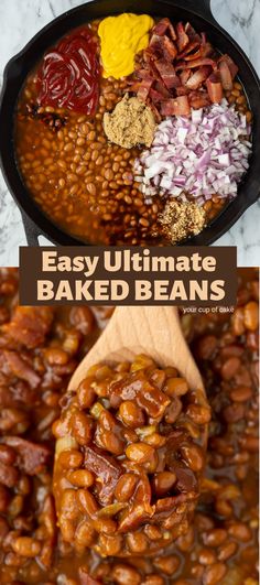 baked beans in a skillet with bacon and other ingredients