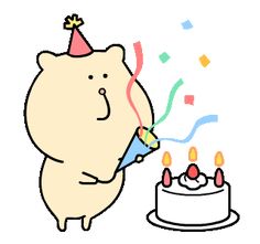 a cartoon bear blowing out candles on a birthday cake