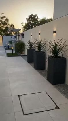 three black planters sitting on the side of a white wall next to a sidewalk