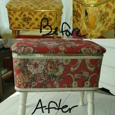 before and after photos of an upholstered foot stool with floral fabric on it