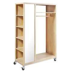 a wooden cabinet with mirrored doors and wheels on the bottom shelf is shown against a white background