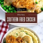 two bowls filled with chicken, mashed potatoes and peas on top of a checkered table cloth