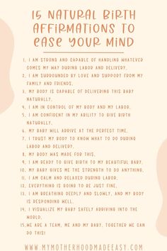 a poster with the words is natural birth affirmations to ease your mind