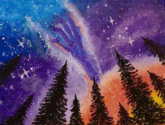 an acrylic painting of trees and the night sky