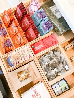 an organized drawer with food items in it