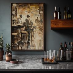 a painting hanging on the wall above a bar filled with liquor bottles and shot glasses