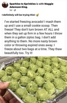 someone is holding up some kind of green food in front of their face and the caption reads, i've started freezing avocado