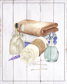 a watercolor painting of some items on a wooden surface