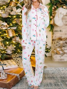 Women Christmas Pajamas Set Cute Christmas Elements Print Long Sleeve Button Down Shirts Tops And Pants Sets Fall Winter Sleepwear Nightwear Loungewear Xmas Holiday Two Pieces Pjs Matching Outfits Sets White Cute,Casual-Young    Animal,Plants,All Over Print  Non-Stretch Spring,Spring/Fall,Winter,All,Spring/Summer Women Sleep & Lounge, size features are:Bust: ,Length: ,Sleeve Length: Christmas Pjs, Flannel Pajamas, Holiday Prints, Christmas Print, Sleepwear Sets, Sleepwear & Loungewear, Loungewear Set, Christmas Pajamas