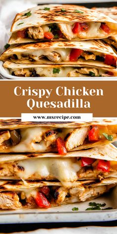 These golden-brown quesadillas are filled with seasoned chicken, Monterey Jack cheese, and fresh veggies for the ultimate flavor in every bite. Casadia Recipe, Chicken Monterey, Healthy Quesadilla Recipe, Healthy Quesadilla, Pollo Tropical, Main Course Ideas, Salsa Guacamole