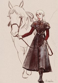 a drawing of a woman holding the reigns of a horse's bridle