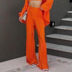 Showpo Beca Plisse Pants Elegant High-waist Orange Bottoms, Elegant High Waist Orange Bottoms, Casual Orange Pants For Party, Casual Full Length Pantsuit For Summer, Casual Full Length Summer Pantsuit, Casual Party Pantsuit With Straight Pants, Casual Pantsuit With Straight Pants For Party, Chic Orange Bottoms For Spring, Summer Party Wide-leg Pantsuit