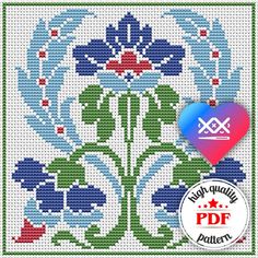 a cross stitch pattern with blue flowers on it and a red heart in the middle