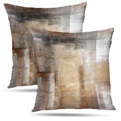 two decorative pillows on white background with brown and beige colors, one is made out of fabric