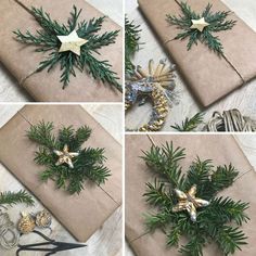 four pictures showing how to wrap presents with pine branches and star decorations on them,