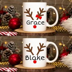 two coffee mugs decorated with reindeer antlers and the words grace, bloke