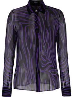 black/orchid purple silk semi-sheer construction abstract pattern print classic collar front button fastening long sleeves buttoned cuffs straight hem Versace Shirts, Versace Print, Designer Sportswear, Formal Shirt, Versace Outfit, Sheer Shirt, Black Orchid, Stripe Silk, Chiffon Shirt