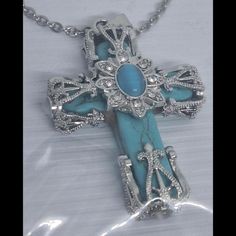 Beautiful Turquoise "Cathedral Cross" Pendant With Stainless Steel Chain Fashion Jewelry Chain Fashion, Necklace Fashion, Steel Chain, Stainless Steel Chain, Cross Pendant, Cross Necklace, Fashion Jewelry, Turquoise, Women Accessories