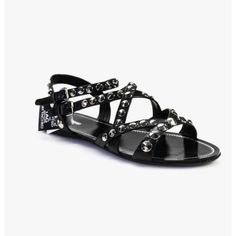 Miu Miu Womens Strappy Studded Donna Sandals Black Leather Size 40.5 New With Box Perfect Condition Flat Sandals With Buckle Closure For Evening, Chic Miu Miu Sandals With Round Toe, Black Flat Sandals For Evening, Edgy Open Toe Beach Sandals, Edgy Open Heel Sandals For Summer, Miu Miu Round Toe Sandals For Evening, Chic Miu Miu Sandals For Party, Chic Miu Miu Sandals For Spring, Edgy Sandals With Buckle Closure For Party