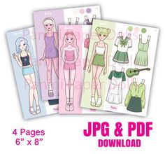 four paper dolls with different outfits and clothes