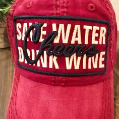 Cheers! Save Water Drink Wine Hat 3 GREAT colors! Black Dark Red Khaki Great Adjustable, Vintage, Distressed Baseball Hat Perfect for Men or Women! Red Letter Print Hats For Outdoor, Trendy Red Outdoor Hat, Casual Burgundy Hat One Size Fits Most, Fun Red Outdoor Hat, Red Fun Outdoor Hat, Adjustable Burgundy Casual Hat, Casual Adjustable Burgundy Hat, Casual Red Trucker Hat With Letter Print, Wine Hat