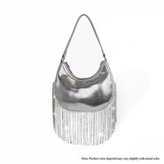 Introducing the ‘Cascade Elegance Fringed Handbag’ – where sophistication meets playful charm. This exquisite piece is crafted with the finest materials, featuring a sleek facade that exudes class. The eye-catching fringe detail adds a touch of whimsy, creating a dynamic look that will sway elegantly with your every move. The spacious interior is designed for the modern woman, offering ample space for all your essentials, while the secure closure ensures they are kept safe. Perfect for a night o Fringe Handbags, Monday Friday, Modern Woman, The Modern, Final Sale, Night Out, Turn Ons, Handbags, Silver