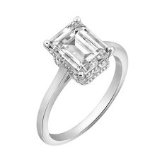 Radiance by Absolute™ 3.60ctw Emerald Cut Pavé Gallery Solitaire Ring Featuring simulated diamonds that shine from unexpected places, this otherwise classic solitaire ring is an elevated way to put some oomph into your fine-jewelry collection.       Approx. 32/32" L x 11/32"W x 3/16"H; shank  3/32"W      Stamped .925 sterling silver; platinum plating; polished finish      Prong and pavé settings   Stone Information       All sizes and weights approximate     Total Carat Weight: 3.60ctw, 2.11ctw Classic Radiant Cut Diamond Ring With Vs Clarity, Classic Halo Ring For Proposal, Classic Radiant Cut Ring With Vs Clarity, Classic White Halo Ring With Vs Clarity, Classic White Radiant Cut Ring, White Radiant Cut Classic Rings, Classic Asscher Cut White Topaz Rings, Classic Diamond Ring Vs Clarity For Proposal, Classic White Topaz Diamond Ring With Radiant Cut