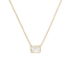 CZ Emerald Cut Solitaire Bezel Chain Necklace 14K Yellow Gold 7 X 5MM 0.75 Carat 14-18" Adjustable Chain Elegant Diamond Necklace With Rectangular Pendant, Elegant Jewelry With Bezel Setting Rectangular Pendant, Elegant Diamond Necklace With Rectangular Pendant For Formal Occasions, Elegant Yellow Gold Necklaces With Rectangular Stone, Rectangular Diamond Gemstone Necklace, Classic Formal Necklace With Rectangular Pendant, Classic Formal Necklaces With Rectangular Pendant, Luxury Rectangular Diamond Cut Necklace, Yellow Gold Necklace With Emerald Cut Bezel Setting