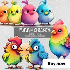 four colorful birds are standing next to each other on a white background with the words funny chicken