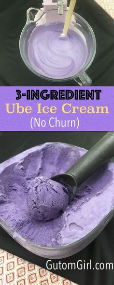 purple ice cream is in a bowl with a spoon on it and the words 3 ingredient ube ice cream no churn