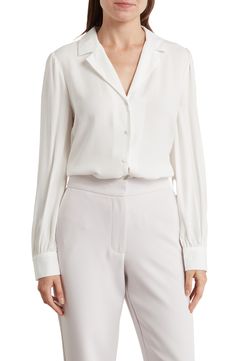 Semi-formal Collared Blouse With Placket, Elegant V-neck Top With Cuffed Sleeves, White Lapel Collar Blouse With Placket, Elegant V-neck Shirt With Back Button Closure, White Blouse With Lapel Collar And Placket, Chic Semi-formal Blouse With Lapel Collar, Semi-formal Collared Tops For Spring, Chic Formal Shirt With Collared Neckline, Daywear Shirt With Lapel Collar And Button Closure