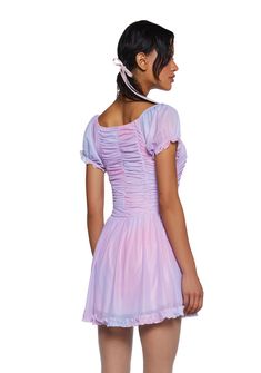 This fully lined mini dress has a stretchy mesh construction, short puff sleeves, ruching on the bodice, an ombre design, and ruffled trim. Corset Top, Exclusive Collection, Kawaii Fashion, Online Boutique, Puff Sleeve, Bodice, Halloween Costumes, Trim, Mini Dress