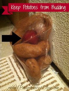 a bag filled with potatoes sitting on top of a floor