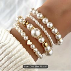 4pcs White Faux Pearls Beads Beaded Bracelet Set Elegant Handmade Hand String Jewelry Accessory Trending Beaded Bracelets, Pearls Bracelet Ideas, Diy Pearl Bracelet Ideas, Beaded Bracelet With Charm, Diy Bead Bracelets Ideas, Bead Bracelets Designs, How To Stack Bracelets, Beaded Bracelets Diy Ideas, Hand Beads Bracelet