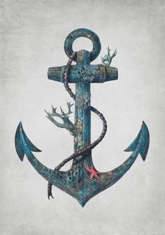 an anchor with seaweed and starfish painted on it