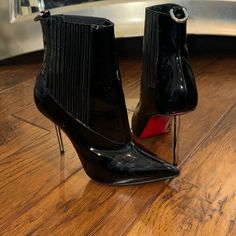 Christian Louboutin Black Patent Leather Booties Silver Heel 100mm Women’s Size: 36.5 , 6.5 100% Authentic, Is Great Conditions *Red Bottom Protected* Evening Patent Leather Heeled Boots With Almond Toe, Designer Patent Leather Heeled Boots For Party, Luxury Patent Leather Heeled Boots For Evening, Luxury Heeled Boots With 4-inch Heel For Party, Elegant High Heel Boots With Red Sole, Luxury 4-inch Heeled Boots For Parties, Glamorous Patent Leather High Heel Boots, Ankle-high Patent Leather Evening Heels, Glamorous Patent Leather High Heeled Boots