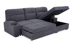 a gray couch with a pull out bed underneath it and a storage compartment on the back