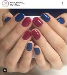 2 Color Manicure Ideas, Red And Blue Nails Design Color Combos, Blue Multicolor Nails Acrylic, Monsoon Nails Ideas, Navy Red Nails, Dark Blue And Red Nails, Red And Navy Nails, Navy Blue And Red Nails, Red Blue Yellow Nails