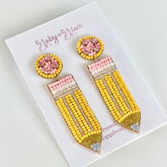 These pencil earrings are the perfect gift to our wonderful teachers and educators! Show the love and appreciation to your teachers with these beaded earrings. They are handmade and very lightweight. Beaded Teacher Gifts, Fun Beaded Earrings For Gifts, Nickel Free Yellow Beaded Earrings For Gift, Yellow Beaded Earrings For Pierced Ears As Gift, Nickel-free Yellow Beaded Earrings For Gifts, Nickel-free Yellow Beaded Earrings As Gift, Yellow Beaded Earrings For Gift, Personalized Yellow Earrings For Gift, Pencil Earrings