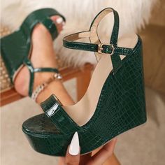 Green Ankle Strap Wedge Sandals For Party, Elegant Green Open Toe Wedge Sandals, Elegant Green Wedge Sandals For Summer, Trendy Green Wedge Sandals For Party, Summer Crocodile Pattern High Heels, Elegant Green Wedge Sandals, Party Crocodile Pattern Open Toe Heels, Party Heels With Crocodile Pattern And Open Toe, Spring Crocodile Pattern Open Toe Heels