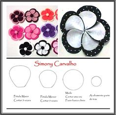 the instructions for making felt flowers are shown in three different colors and sizes, including black, white, pink, purple, and green