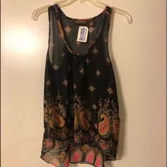 Beautiful Sheer Sleeveless Top. Never Worn. Pink, Gold, Black And Tan. Black Bohemian Tank Top, Casual Tank Vest For Night Out, Casual Black Vest For Vacation, Black Tank Vest For Beach, Black Bohemian Tank Top For Summer, Black Sleeveless Blouse Tank Top For Vacation, Bohemian Black Tank Top, Black Fitted Bohemian Tank Top, Fitted Black Bohemian Tank Top