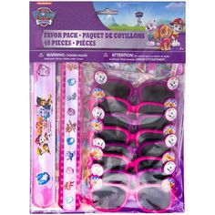 paw patrol party favors with pink and black glasses