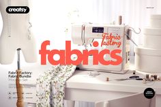 an advertisement for fabric factory fabrics with sewing machine and mannequins on the table