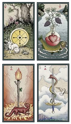 four different tarot cards with symbols on them